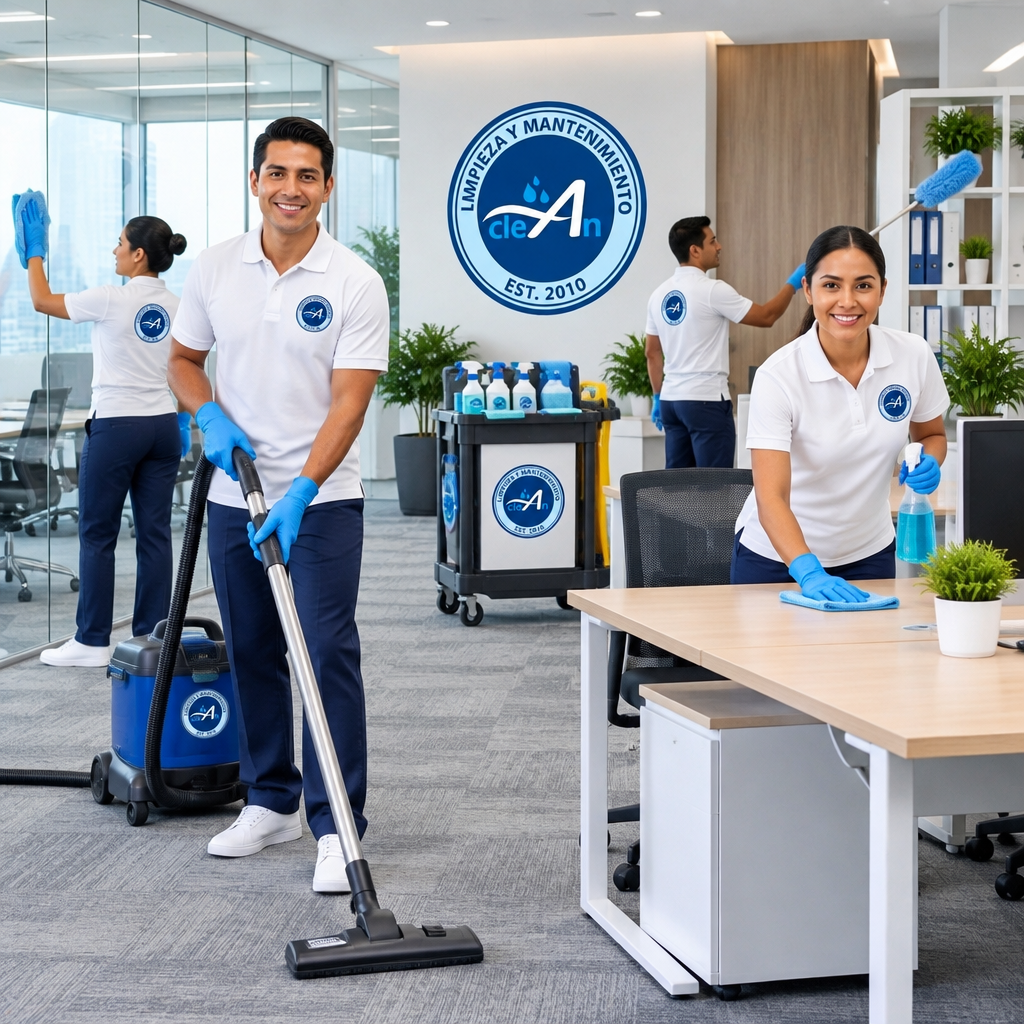 Equipo de Imperclean uniformado con carrito y equipo de limpieza profesional en el lobby de un edificio corporativo