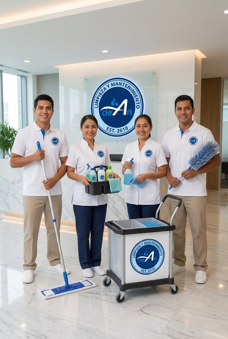 Equipo de Imperclean uniformado con equipo de limpieza profesional frente al logotipo de la empresa